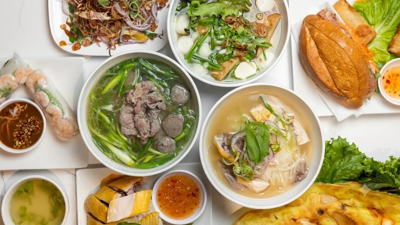A spread of Vietnamese dishes at Com Ga Houston